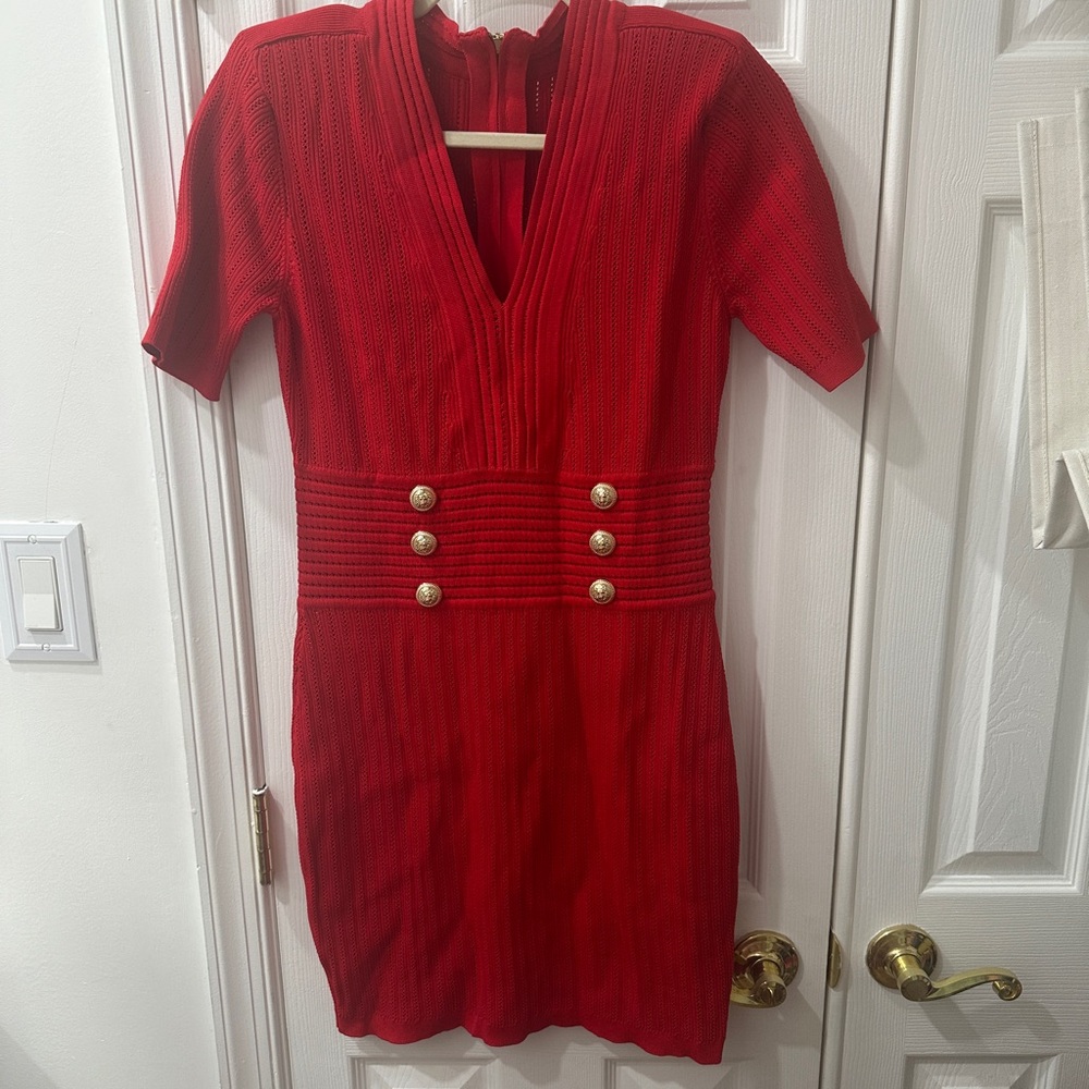 Chic Red Mini Dress with Button Accents